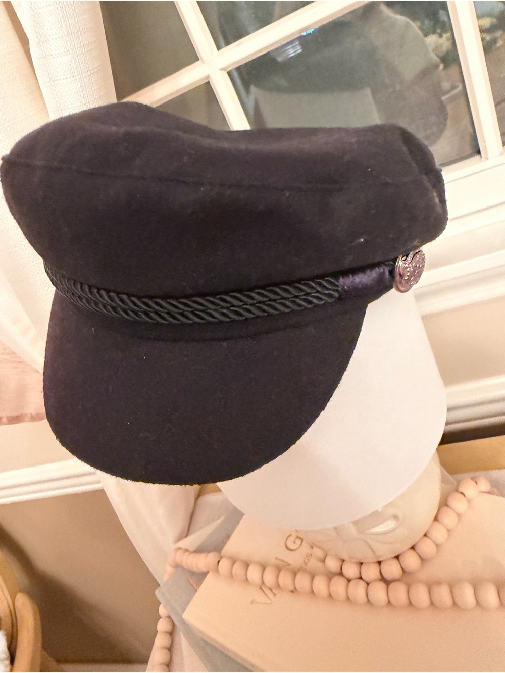 Black Wool Blend Baker Boy Newsboy Cap Hat Nautical Military Style / like new
